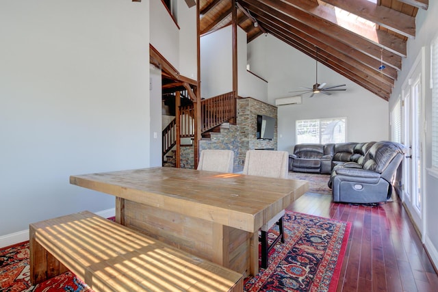 311 Ward Placer Pl, Weaverville, CA 96093 - dining space with high vaulted ceiling, stairs, beam ceiling, hardwood / wood-style floors, and a wall unit AC