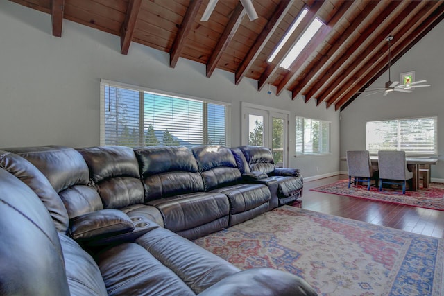 311 Ward Placer Pl, Weaverville, CA 96093 - living room featuring hardwood / wood-style floors, ceiling fan, a wood ceiling with exposed beams, and high vaulted ceiling