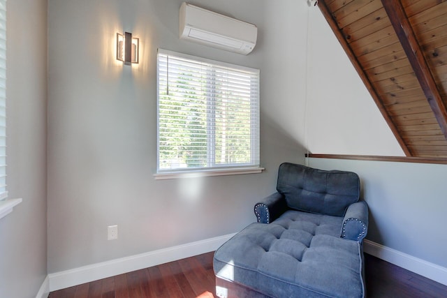 311 Ward Placer Pl, Weaverville, CA 96093 - living area with a wall mounted AC, a wooden ceiling with exposed beams, and wood finished floors