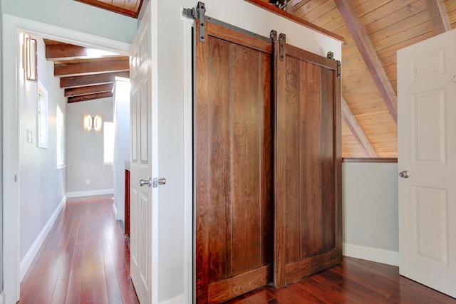 311 Ward Placer Pl, Weaverville, CA 96093 - corridor with wood ceiling, a barn door, and dark wood-style floors