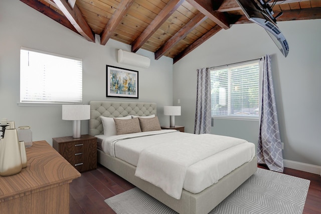 311 Ward Placer Pl, Weaverville, CA 96093 - bedroom with an AC wall unit, dark wood-style floors, and wood ceiling