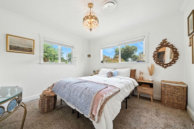 2045 Washington Ave, Red Bluff, CA 96080 - bedroom with crown molding, multiple windows, carpet floors, and a chandelier
