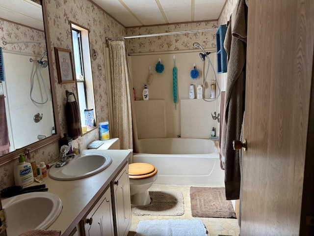 11941 Atkins Rd, Whitmore, CA 96096 - full bathroom with wallpapered walls, shower / bath combination with curtain, and double vanity