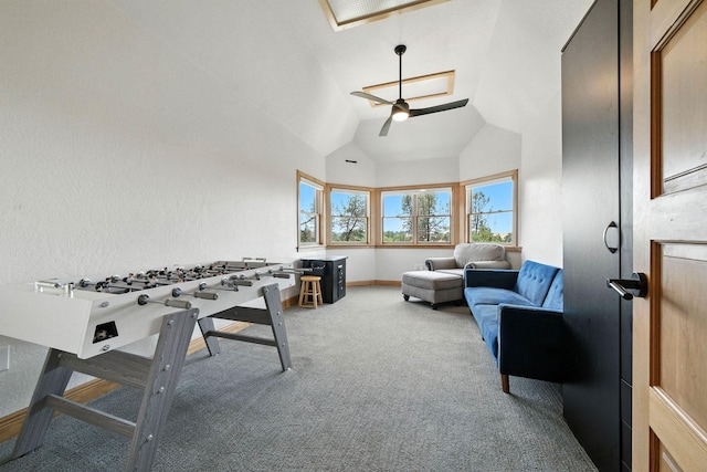 23795 Deer Canyon Rd, Millville, CA 96062 - game room with carpet floors, a ceiling fan, and vaulted ceiling