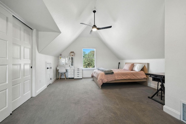 23795 Deer Canyon Rd, Millville, CA 96062 - bedroom with carpet floors, lofted ceiling, and a ceiling fan