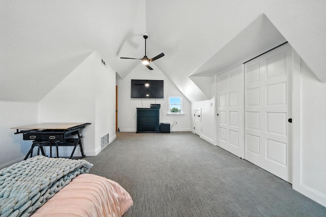 23795 Deer Canyon Rd, Millville, CA 96062 - carpeted bedroom with vaulted ceiling, ceiling fan, and a closet