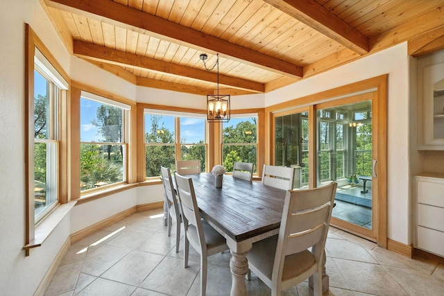 23795 Deer Canyon Rd, Millville, CA 96062 - dining area featuring a wood ceiling with exposed beams, light tile patterned floors, and a chandelier