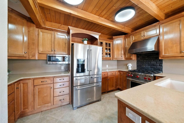 23795 Deer Canyon Rd, Millville, CA 96062 - kitchen featuring high quality appliances, under cabinet range hood, a wood ceiling with exposed beams, backsplash, and light countertops
