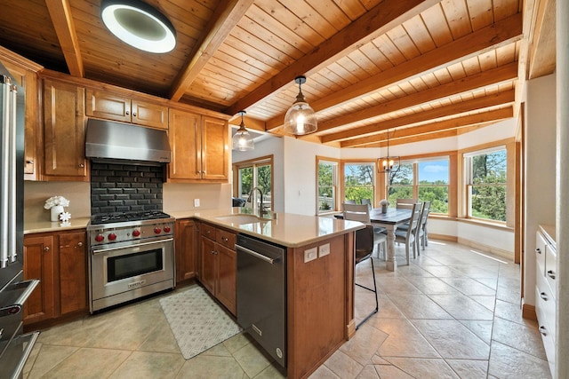 23795 Deer Canyon Rd, Millville, CA 96062 - kitchen with appliances with stainless steel finishes, under cabinet range hood, a wooden ceiling with exposed beams, plenty of natural light, and a peninsula