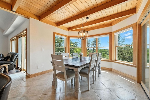 23795 Deer Canyon Rd, Millville, CA 96062 - dining room with a wooden ceiling with exposed beams, plenty of natural light, a chandelier, and light tile patterned floors