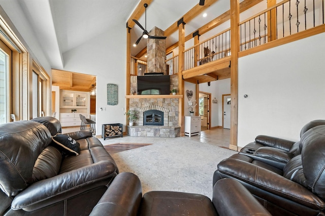 23795 Deer Canyon Rd, Millville, CA 96062 - living area featuring a ceiling fan, a fireplace, and high vaulted ceiling