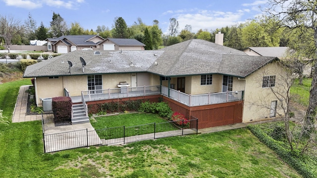 12526 Glide Way, Redding, CA 96003 - rear view of property featuring stucco siding, a chimney, a shingled roof, a deck, and stairway