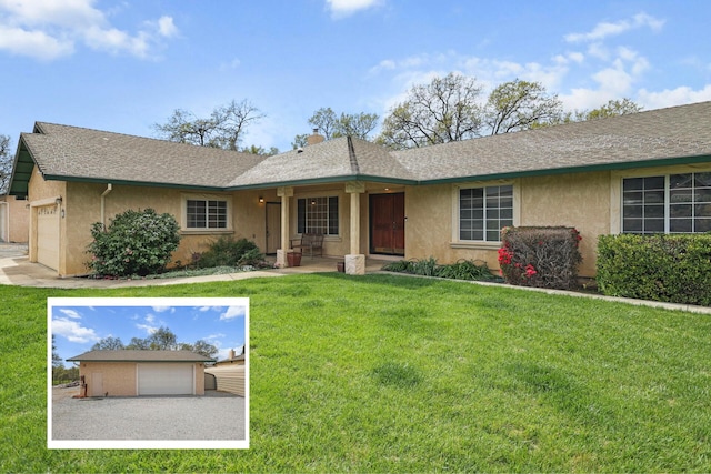 12526 Glide Way, Redding, CA 96003 - ranch-style house featuring stucco siding, a front lawn, a shingled roof, and an attached garage