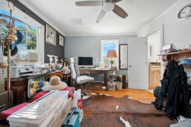 1635 Pleasant St, Redding, CA 96001 - office space with light wood-style flooring, crown molding, and ceiling fan