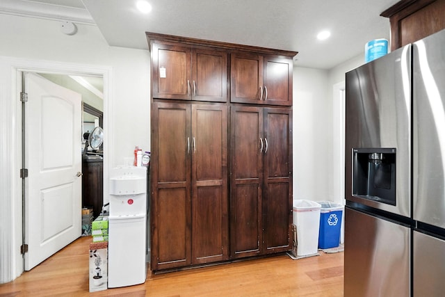 1635 Pleasant St, Redding, CA 96001 - kitchen featuring stainless steel fridge with ice dispenser, light wood-style flooring, recessed lighting, and dark brown cabinetry
