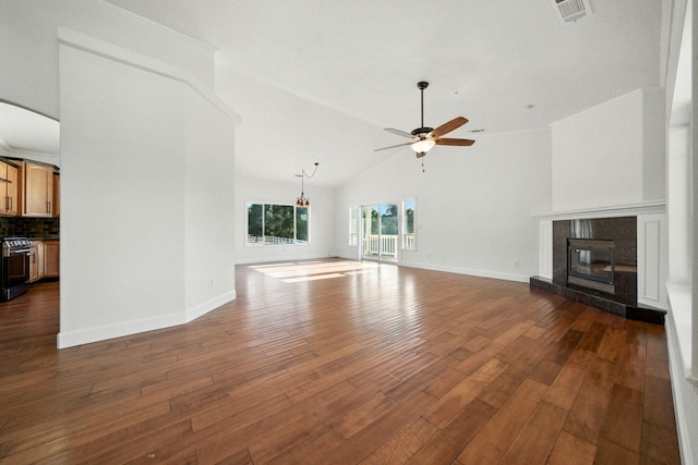 18435 Danielle Way, Cottonwood, CA 96022 - unfurnished living room featuring a ceiling fan, a fireplace, dark wood-style floors, and high vaulted ceiling