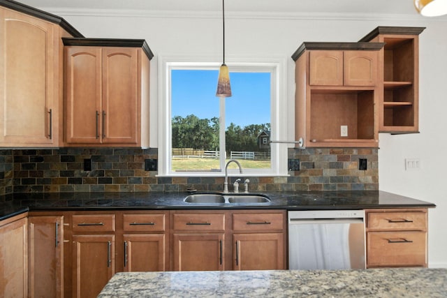 18435 Danielle Way, Cottonwood, CA 96022 - kitchen with dishwasher, dark stone countertops, ornamental molding, tasteful backsplash, and hanging light fixtures