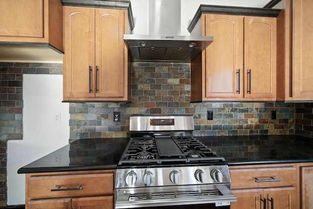 18435 Danielle Way, Cottonwood, CA 96022 - kitchen with stainless steel gas range oven, wall chimney range hood, and decorative backsplash