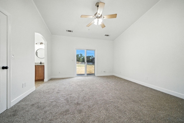 18435 Danielle Way, Cottonwood, CA 96022 - unfurnished bedroom featuring access to outside, light carpet, arched walkways, crown molding, and ensuite bathroom
