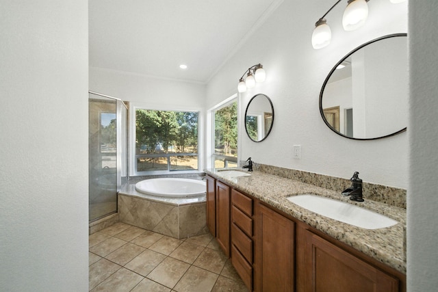 18435 Danielle Way, Cottonwood, CA 96022 - full bath with a bath, double vanity, a shower stall, tile patterned floors, and crown molding