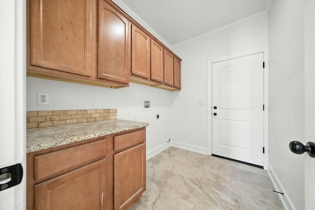 18435 Danielle Way, Cottonwood, CA 96022 - laundry area featuring ornamental molding, cabinet space, hookup for a washing machine, hookup for an electric dryer, and light marble finish floors