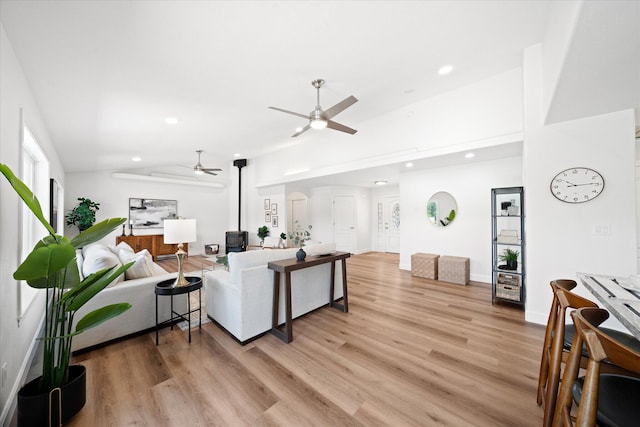 2949 Felstet Ln, Redding, CA 96001 - living room featuring ceiling fan, recessed lighting, light wood-style flooring, and lofted ceiling