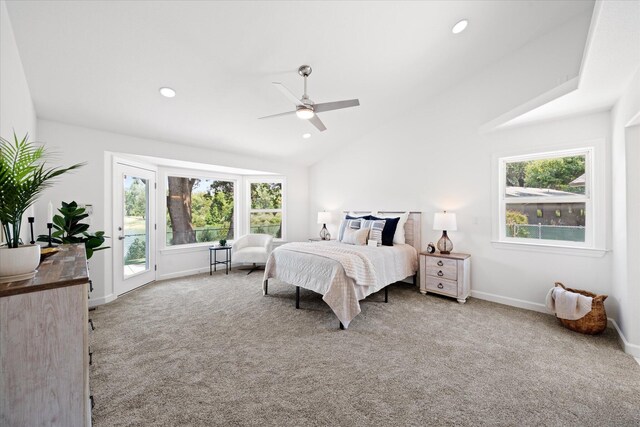 2949 Felstet Ln, Redding, CA 96001 - bedroom with access to outside, carpet flooring, vaulted ceiling, a ceiling fan, and recessed lighting