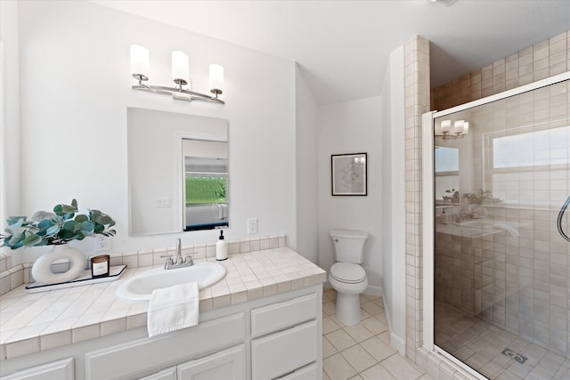2949 Felstet Ln, Redding, CA 96001 - full bathroom featuring vanity, tile patterned flooring, a shower stall, and a chandelier