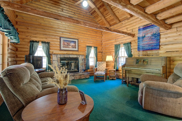 27401 Goodman Rd, Fall River Mills, CA 96028 - carpeted living room with a wood ceiling with exposed beams, log walls, healthy amount of natural light, a stone fireplace, and high vaulted ceiling