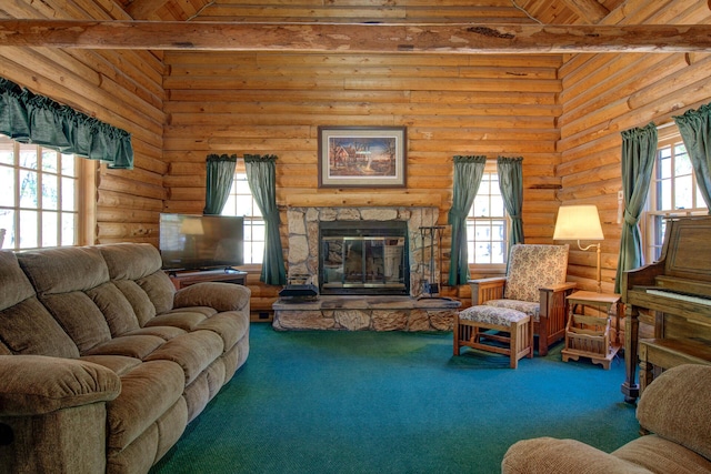 27401 Goodman Rd, Fall River Mills, CA 96028 - carpeted living room featuring log walls, a fireplace, and a wood ceiling with exposed beams