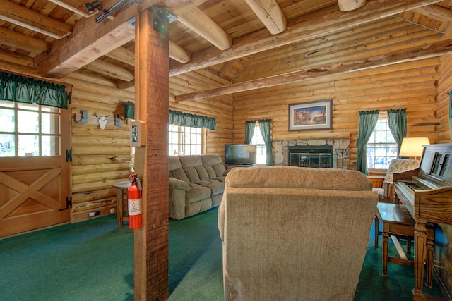 27401 Goodman Rd, Fall River Mills, CA 96028 - living room featuring a wooden ceiling with exposed beams, carpet floors, rustic walls, and a stone fireplace
