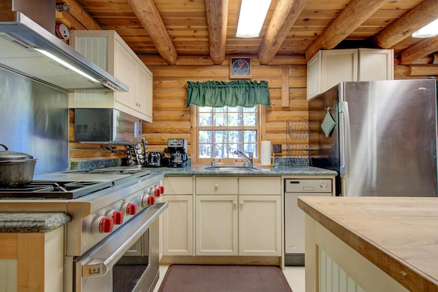 27401 Goodman Rd, Fall River Mills, CA 96028 - kitchen featuring log walls, stainless steel appliances, wall chimney range hood, a wooden ceiling with exposed beams, and light countertops