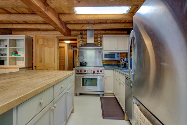 27401 Goodman Rd, Fall River Mills, CA 96028 - kitchen with appliances with stainless steel finishes, a wooden ceiling with exposed beams, island exhaust hood, and wood counters