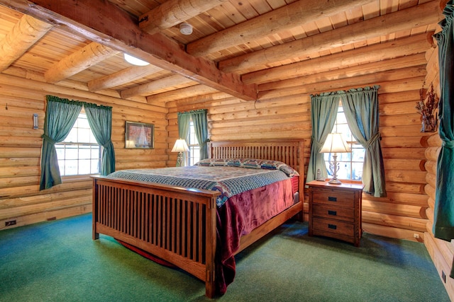 27401 Goodman Rd, Fall River Mills, CA 96028 - bedroom with carpet, a wood ceiling with exposed beams, and rustic walls