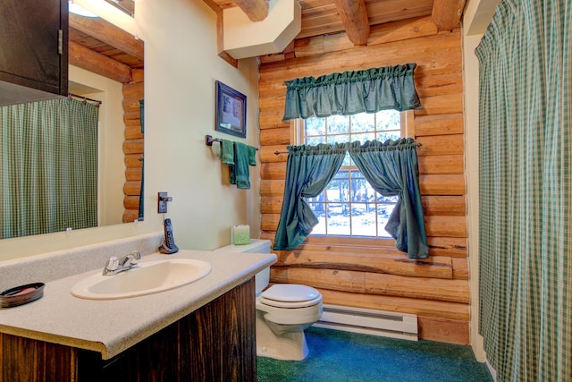 27401 Goodman Rd, Fall River Mills, CA 96028 - bathroom featuring rustic walls, vanity, beam ceiling, baseboard heating, and curtained shower