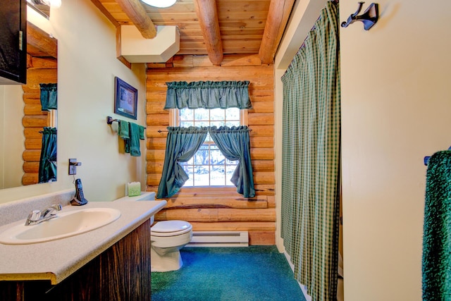 27401 Goodman Rd, Fall River Mills, CA 96028 - bathroom featuring rustic walls, vanity, a wood ceiling with exposed beams, a baseboard radiator, and a shower with curtain