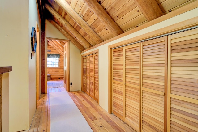27401 Goodman Rd, Fall River Mills, CA 96028 - corridor with wooden ceiling and light wood-style floors