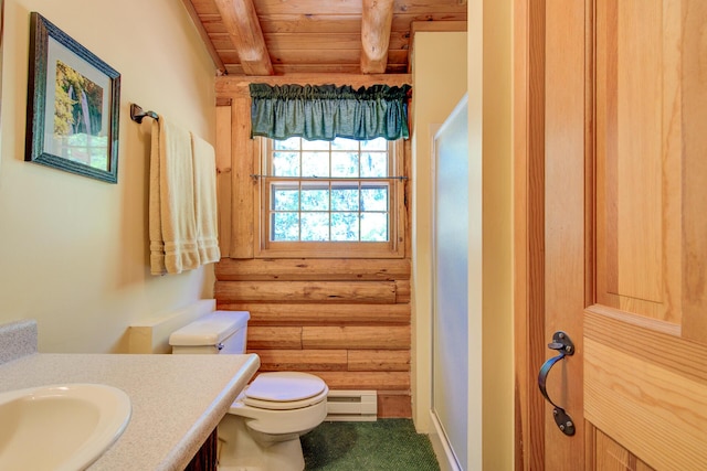 27401 Goodman Rd, Fall River Mills, CA 96028 - bathroom with vanity, a baseboard heating unit, and a wooden ceiling with exposed beams