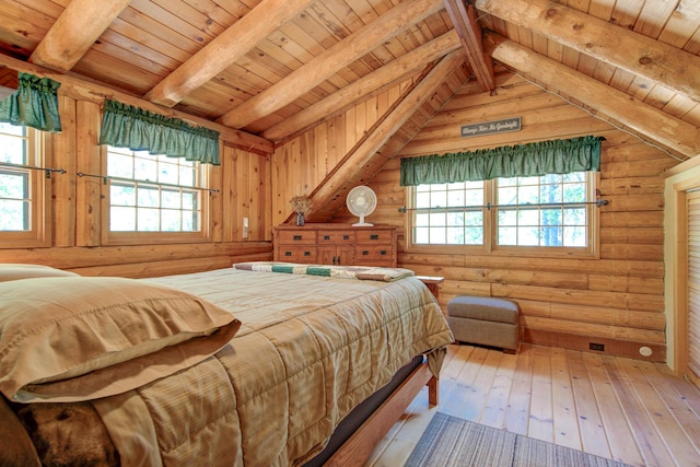 27401 Goodman Rd, Fall River Mills, CA 96028 - bedroom with wooden ceiling, wood-type flooring, and rustic walls