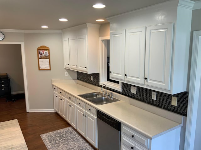 kitchen with backsplash, white cabinets, dark hardwood / wood-style floors, dishwasher, and sink