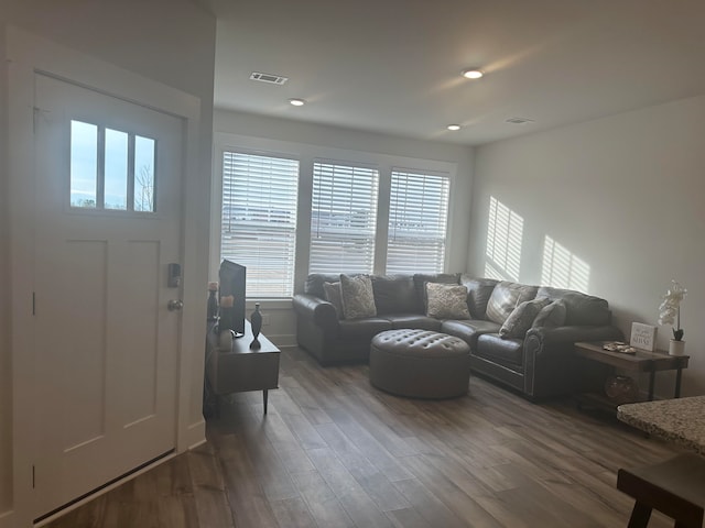 living room with dark wood-type flooring