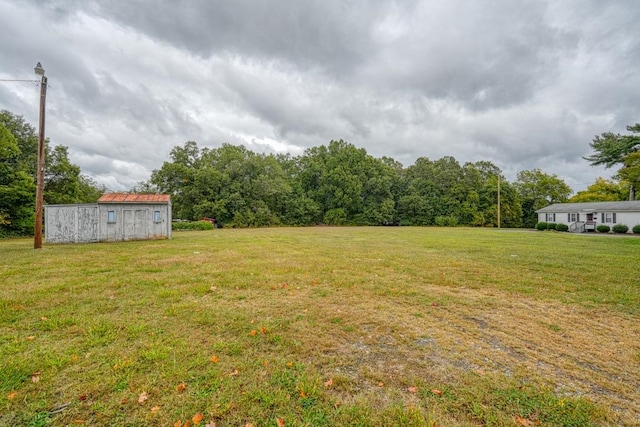 view of yard featuring a storage shed