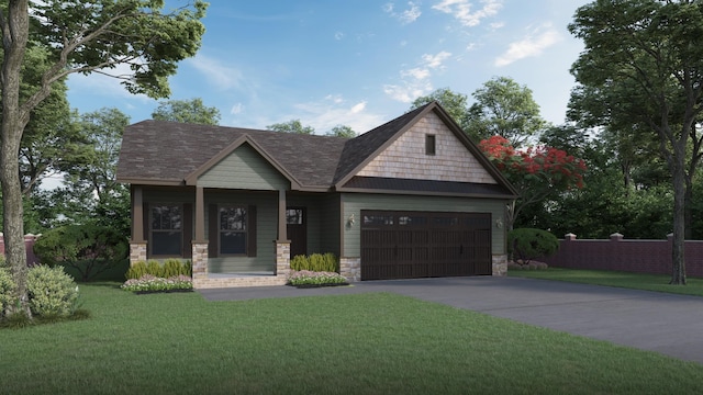 craftsman house with a garage and a front lawn