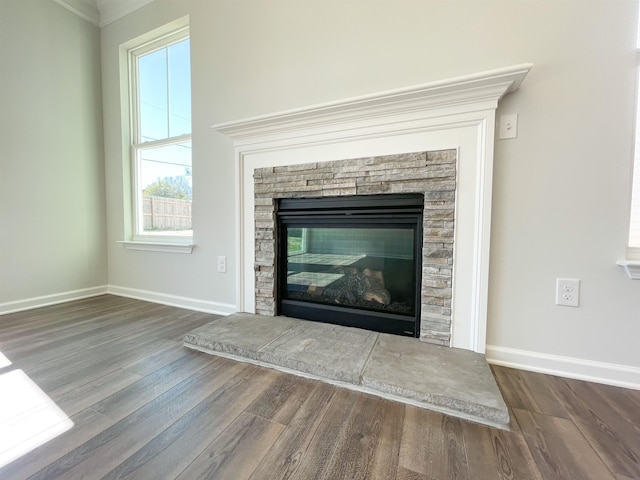 room details with crown molding, dark hardwood / wood-style floors, and a stone fireplace