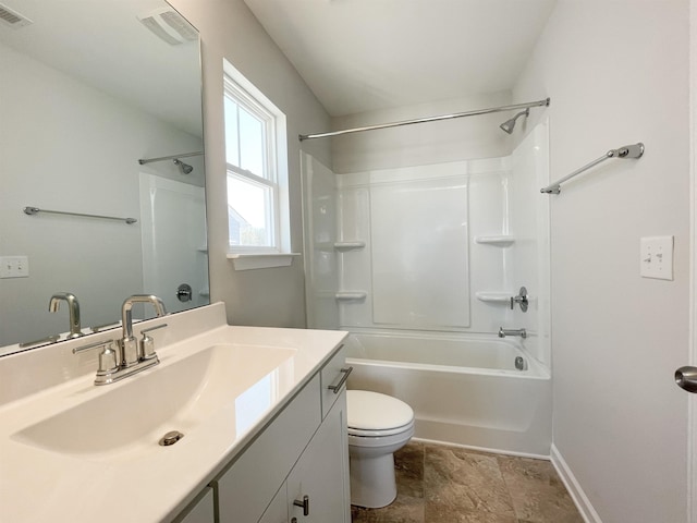 full bathroom featuring shower / washtub combination, toilet, vanity with extensive cabinet space, and tile flooring