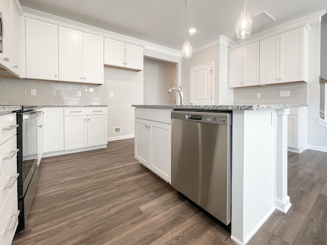 kitchen featuring white cabinetry, backsplash, stainless steel appliances, crown molding, and dark hardwood / wood-style flooring