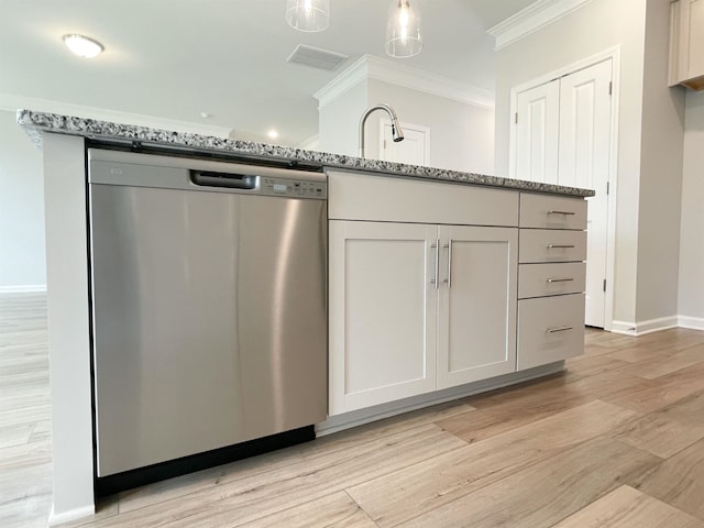 kitchen with crown molding, light stone counters, light hardwood / wood-style floors, and dishwasher