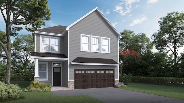 view of front of home with driveway, stone siding, a garage, and a front lawn