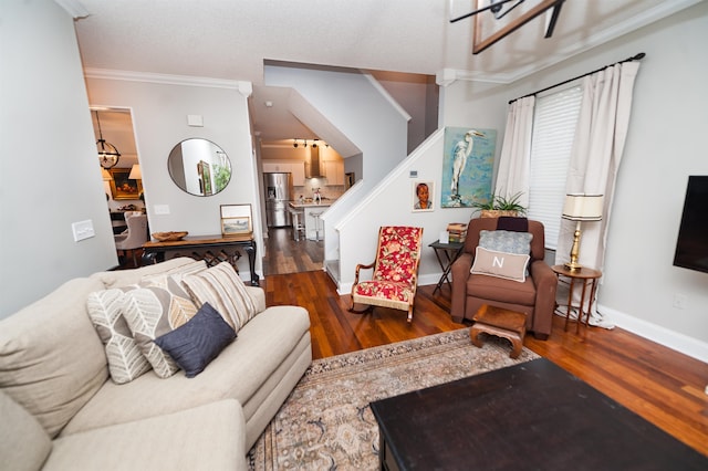 living room featuring crown molding and dark hardwood / wood-style flooring