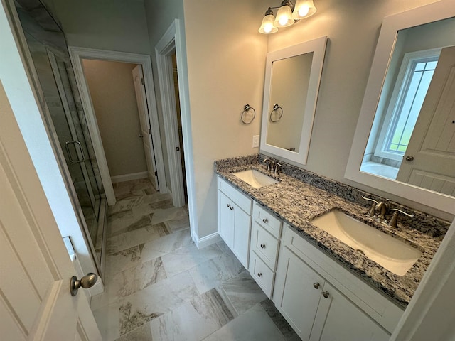 bathroom with tile patterned flooring, independent shower and bath, and dual bowl vanity